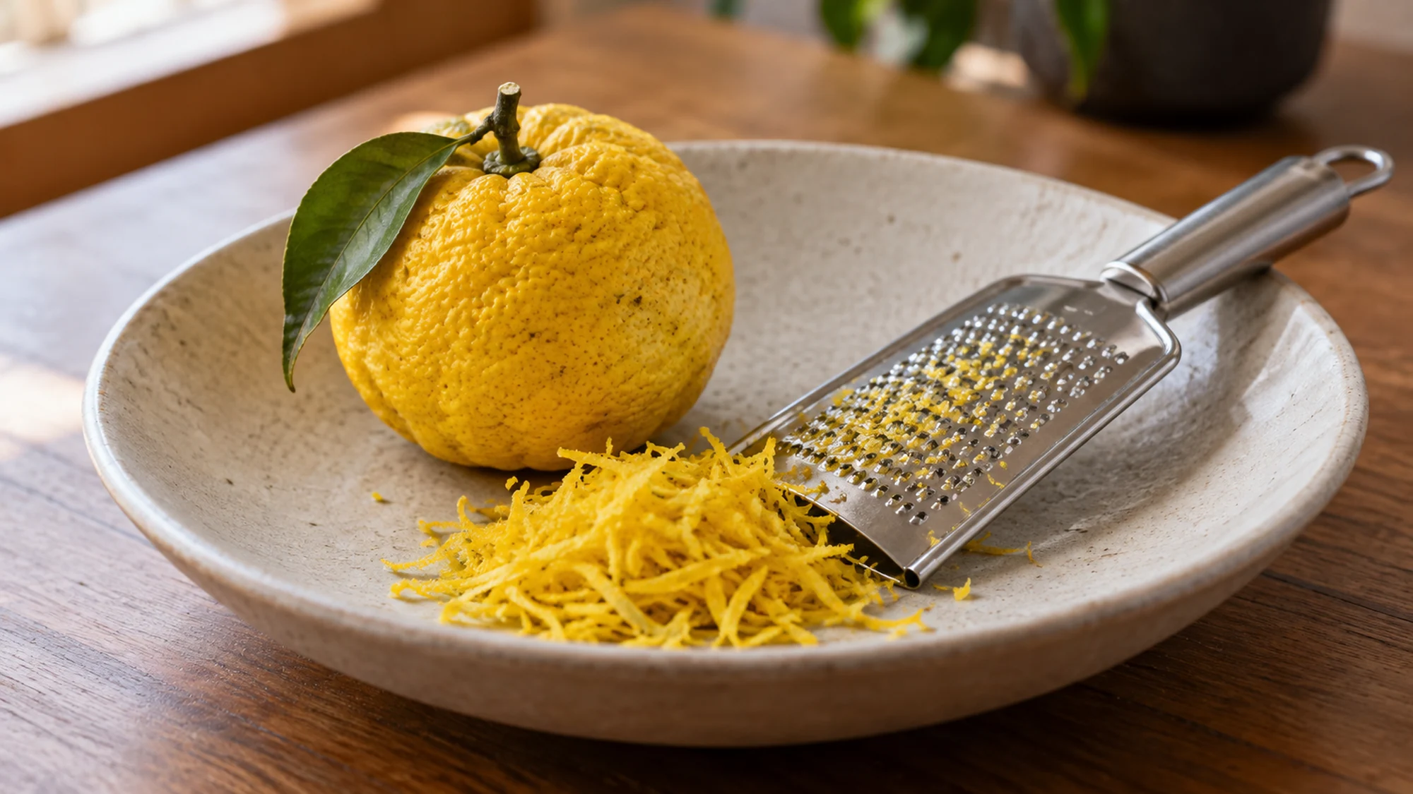 Fine citrus grater with yellow yuzu zest and a whole dimpled yuzu on a ceramic plate