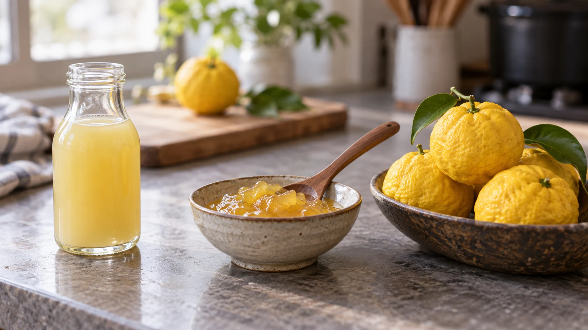 Pale yuzu juice, yellow citrus marmalade and whole yuzu in separate containers