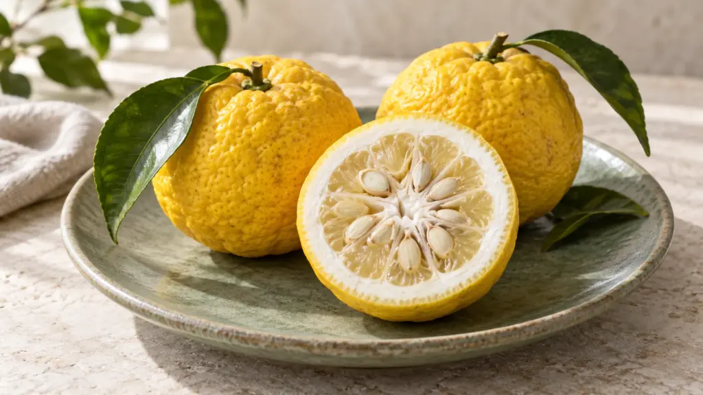 Whole yellow yuzu fruit and a cut half showing thick rind, pale flesh and large seeds